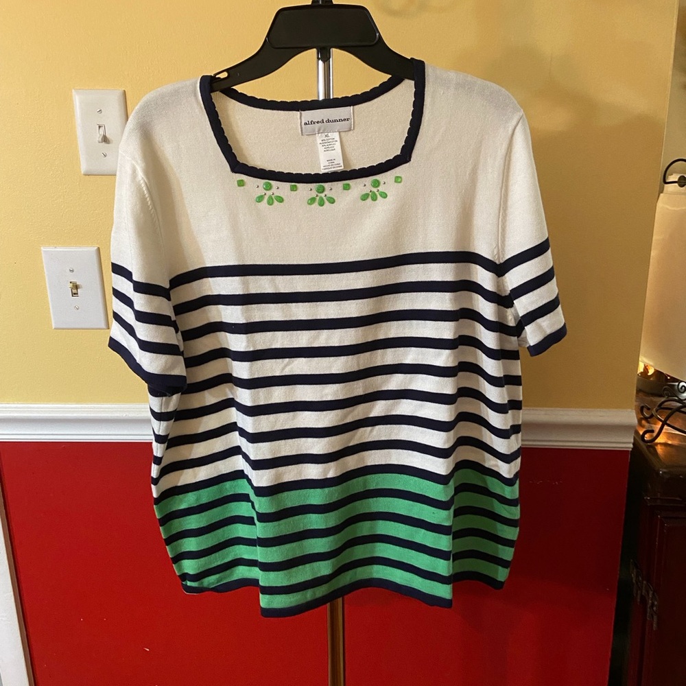 Alfred Dunner Women's Striped Top - Green and Navy